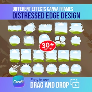 May include: A graphic featuring various Canva frames with distressed edge designs. The image includes over 30 designs, with text that reads "Different Effects Canva Frames" and "Distressed Edge Design." The Canva logo and the words "Easy to use" and "Drag and Drop" are also visible.