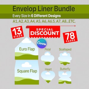 Op de afbeelding: Een afbeelding die een Envelop Liner Bundle promoot met 13 maten en 78 pagina's. De afbeelding toont verschillende envelopklepontwerpen, waaronder Euro, Vierkant, Bloemblad, Geschulpt, Hart en Vlinder. Een speciale korting wordt geadverteerd.