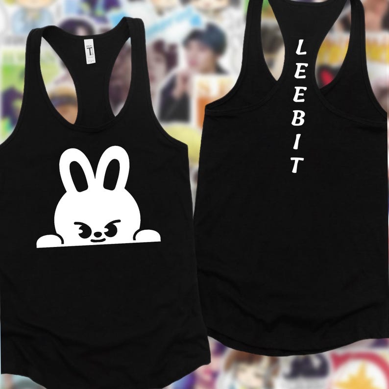 May include: Black racerback vest with a white cartoon bunny graphic on the front. The back of the vest has the word "LEEBIT" printed vertically in white. The vest is made of a soft material.