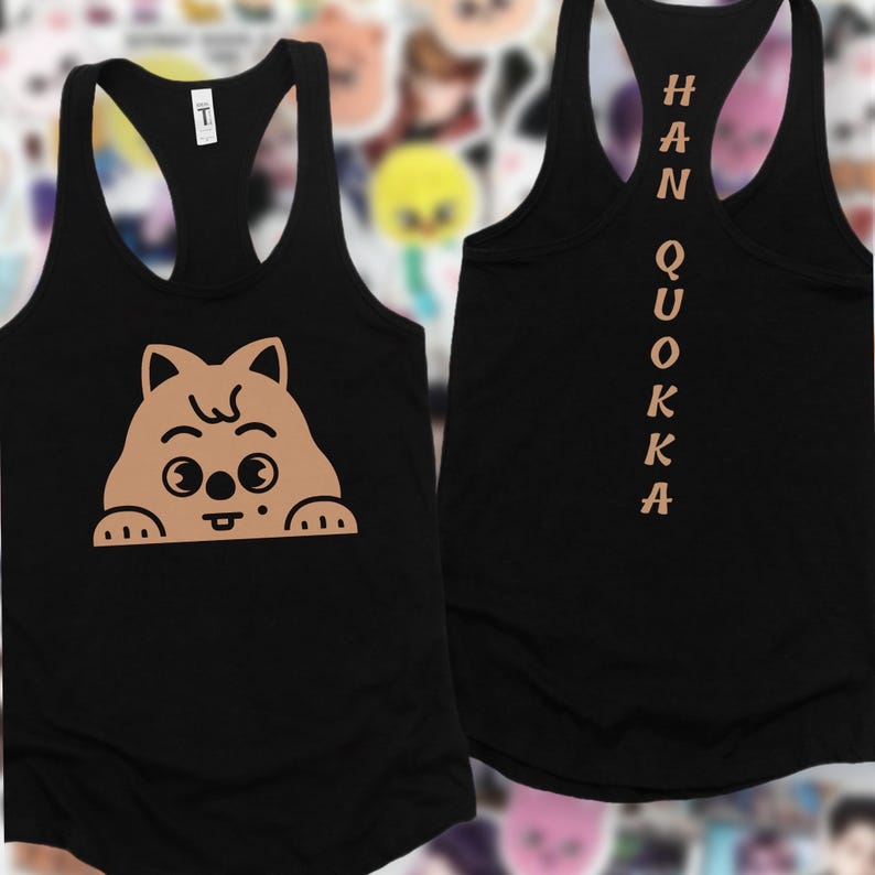 May include: Black racerback vest with a tan cartoon quokka design. The front shows the quokka's face, and the back has the text "HAN QUOKKA" printed vertically in tan.