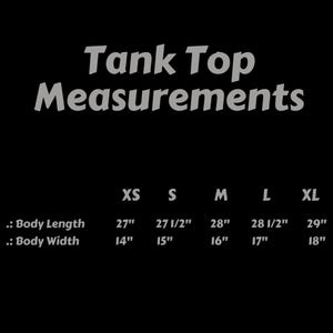 May include: Black background with white text that reads "Tank Top Measurements." Below, measurements are listed for XS, S, M, L, and XL sizes. Body length measurements range from 68.6cm to 73.7cm, and body width measurements range from 35.6cm to 45.7cm.