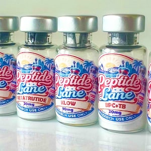 Può includere: Sei flaconcini in vetro trasparente con tappi in metallo argentato, contenenti ciascuno una polvere bianca. Le etichette riportano il testo Peptide Lane, un grafico dello skyline cittadino e nomi di prodotti come Retatrutide 20mg, Klow 80mg o BPC+TB 20mg, tutti contrassegnati come Research Use Only.
