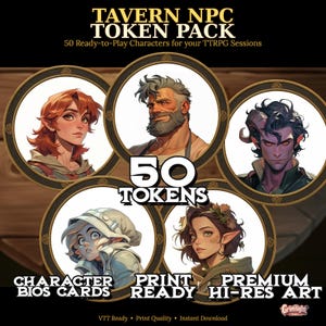 Tavern NPC Tokens Pack | 50 Fantasy RPG Characters (Digital & Printable Sheet)