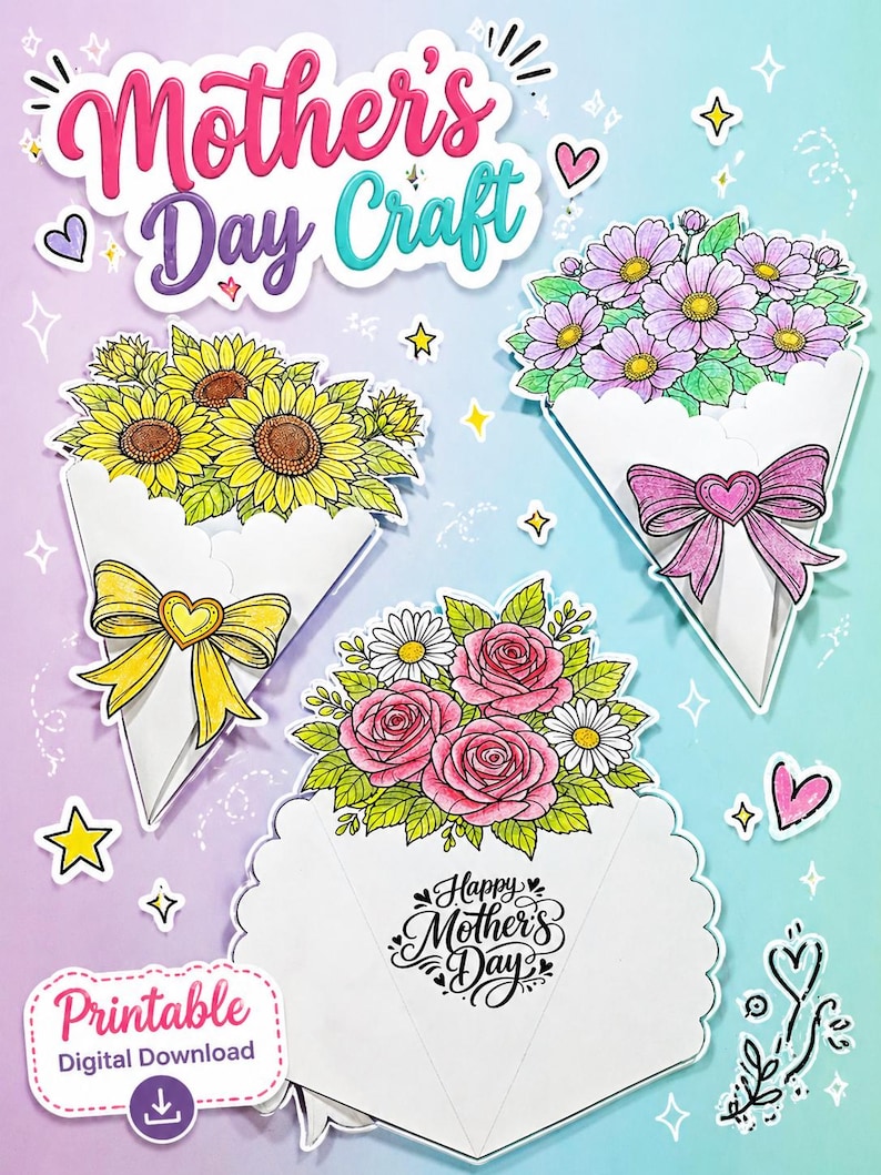Mother's Day Flower Bouquet Craft Printable Color & Cut Activity Paper ...