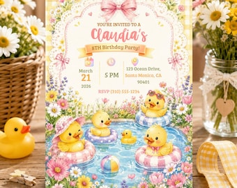 Editable Birthday Invitation Template Duck Pool Party Invite summer 1st instant download Canva Template 5x7 Printable Mobile Invitation