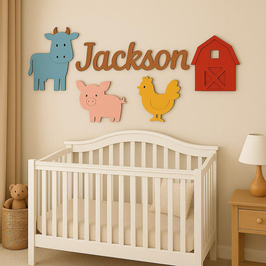 Farm Animals Barnyard Theme Wooden Nursery Name Sign, Personalized Crib ...