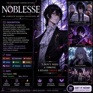 May include: Digital artwork promoting the "Noblesse" complete Manhwa collection. The image features a male character with black hair and red eyes, wearing a black suit. Text includes "I don't need a throne. I stand above it." and tags like "Action" and "Vampire."