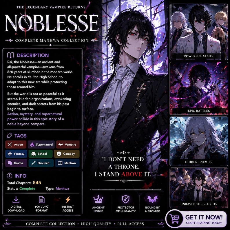 May include: Digital artwork promoting the "Noblesse" complete Manhwa collection. The image features a male character with black hair and red eyes, wearing a black suit. Text includes "I don't need a throne. I stand above it." and tags like "Action" and "Vampire."