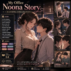 Op de afbeelding: Digitale kunst voor een manga-omslag, "My Office Noona Story." De afbeelding toont twee personages in een kantooromgeving, met tekst die een romantisch verhaal suggereert. De omslag bevat de tekst "MANHWA COLLECTION."