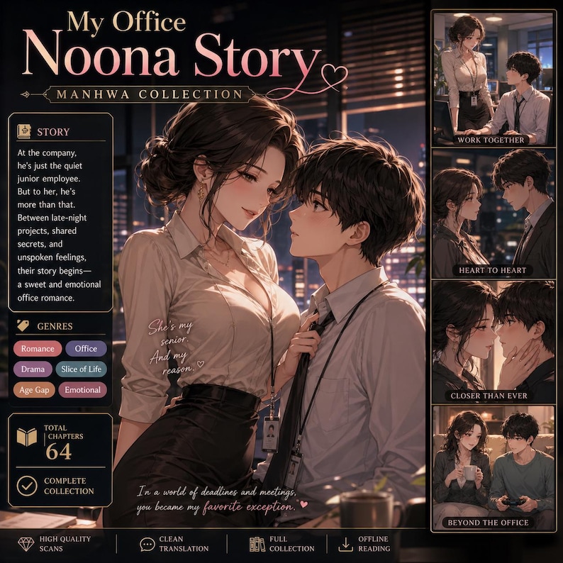 Op de afbeelding: Digitale kunst voor een manga-omslag, "My Office Noona Story." De afbeelding toont twee personages in een kantooromgeving, met tekst die een romantisch verhaal suggereert. De omslag bevat de tekst "MANHWA COLLECTION."