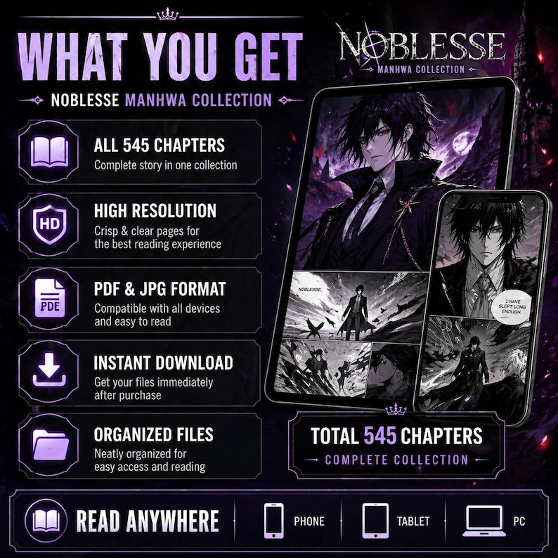 May include: Digital download advertisement for the "Noblesse Manhwa Collection." The image features a tablet and phone displaying manga panels. Text highlights features: 545 chapters, high resolution, PDF & JPG format, instant download, and organized files. Read anywhere on phone, tablet, or PC.