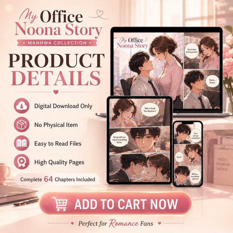 Op de afbeelding: Digitale downloadadvertentie voor de Manhwa-collectie "My Office Noona Story". De afbeelding toont een laptop, tablet en telefoon met manga-panelen. Tekst bevat "Productdetails" en "Toevoegen aan winkelwagen".