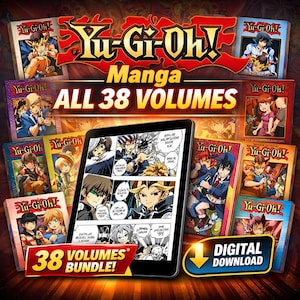 May include: A collection of Yu-Gi-Oh! Manga volumes, including a digital download option. The image features multiple manga books and a tablet displaying comic panels. The text reads "ALL 38 VOLUMES" and "DIGITAL DOWNLOAD".