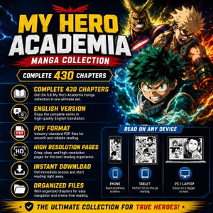 May include: A digital My Hero Academia manga collection featuring 430 chapters in English PDF format. The graphic displays characters Izuku Midoriya, Katsuki Bakugo, and All Might, with icons for high-resolution pages, instant download, and device compatibility.