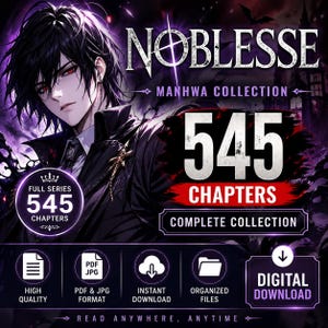 May include: Digital download graphic for the manhwa series "Noblesse." The image features a stylized illustration of a character with black hair and red eyes. The text indicates a complete collection of 545 chapters, available in PDF and JPG formats.