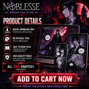 May include: Digital download advertisement for the "Noblesse" Manhwa Collection. The image features a laptop and two smartphones displaying manga panels. The text highlights digital access, easy-to-read files, and high-quality pages. Includes 545 chapters.