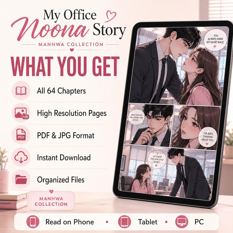 Op de afbeelding: Digitale illustratie die een "My Office Noona Story" Manhwa-collectie promoot. De afbeelding toont een tablet met stripverhalen en een lijst met functies: 64 hoofdstukken, pagina's met hoge resolutie, PDF- en JPG-formaat, direct downloaden en georganiseerde bestanden.