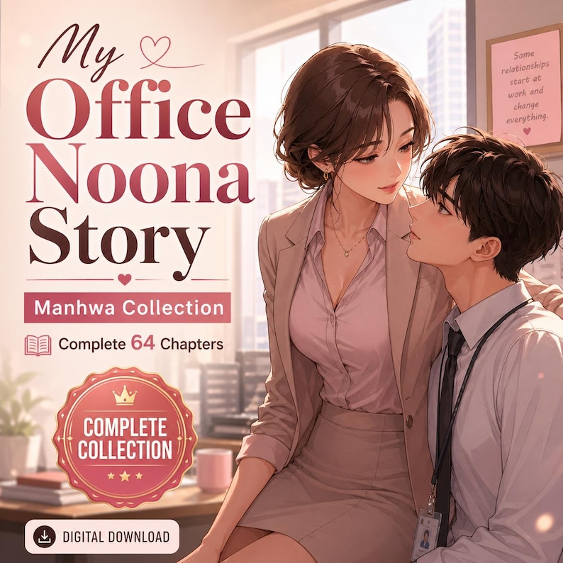 Op de afbeelding: Digitale download cover art voor "My Office Noona Story" Manhwa Collection. De afbeelding toont twee mensen in een kantooromgeving. De titel staat in grote, gestileerde tekst. Extra tekst omvat "Complete 64 Chapters" en "Complete Collection".