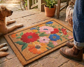 Floral Coir Doormat, Folk Art Flower Doormat, Housewarming Gift , Spring & Summer Welcome Mat
