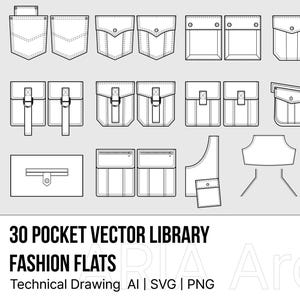 Op de afbeelding: Een zwart-wit vectorillustratie met 30 verschillende zakontwerpen, waaronder opgestikte zakken, klepzakken en zakken met ritsen. De tekst "30 POCKET VECTOR LIBRARY" en "FASHION FLATS" is zichtbaar.