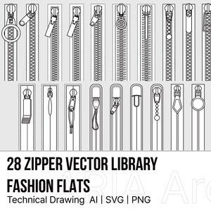 Puede incluir: Una colección de 28 ilustraciones vectoriales en blanco y negro de varios estilos de cremalleras y diseños de tiradores dispuestos en filas. El texto 28 ZIPPER VECTOR LIBRARY FASHION FLATS Technical Drawing AI | SVG | PNG aparece en la parte inferior.