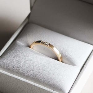 Three Stone Moissanite Wedding Band, 14k Yellow Gold Flush Set Flat Edge Band, Dainty Stacking Ring, Gift For Women, Anniversary Gift