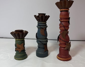 Portacandele vintage primitivo in legno, 3 pezzi, luna e stelle, stile rustico gotico e stregonesco