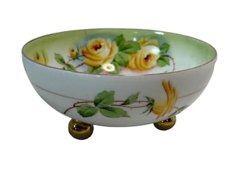 Vtg Royal Munich Hand Painted Porcelain Bowl Yellow Rose Footed Gold Trim Signed