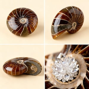 May include: Four images of a polished ammonite fossil. The fossil displays a spiral pattern with brown and cream-colored bands. One image shows a cluster of clear quartz crystals inside the fossil's cavity. The fossil's exterior has a glossy finish.
