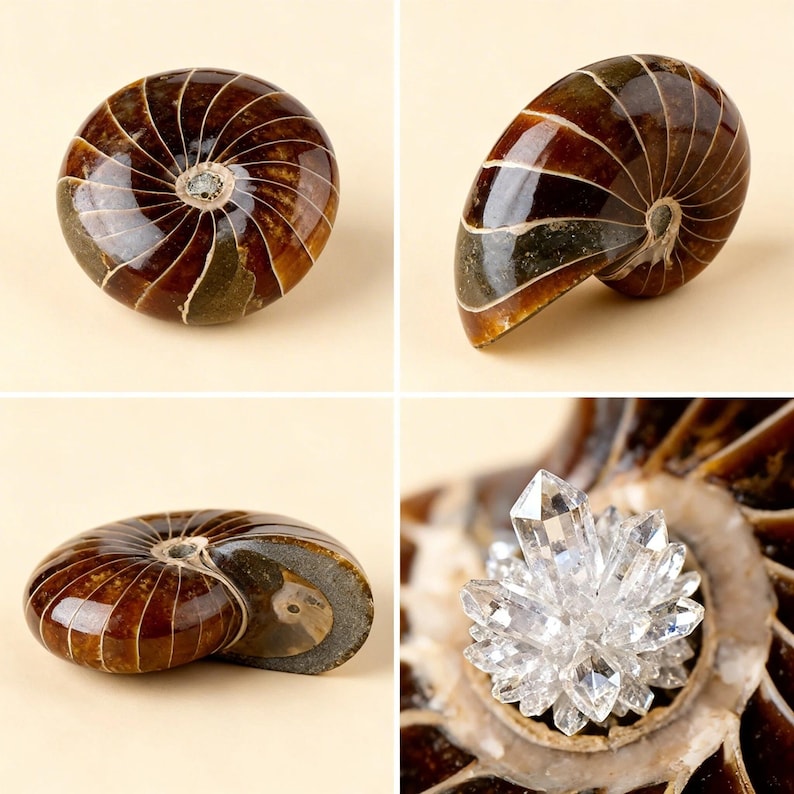 May include: Four images of a polished ammonite fossil. The fossil displays a spiral pattern with brown and cream-colored bands. One image shows a cluster of clear quartz crystals inside the fossil's cavity. The fossil's exterior has a glossy finish.