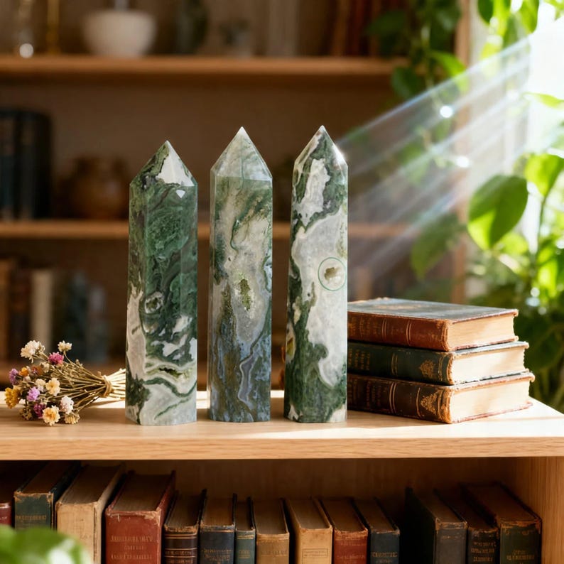 May include: Three tall, polished stone obelisks with green and white patterns stand on a wooden shelf. The obelisks are next to a small bouquet of dried flowers and a stack of vintage books. The background includes a bookshelf and natural light.