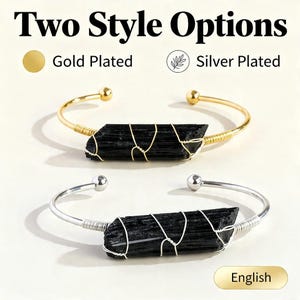May include: Two bangle bracelets, one gold-plated and one silver-plated, each with a black stone centre. The bracelets have a minimalist design with the text "Two Style Options" at the top and "English" at the bottom.
