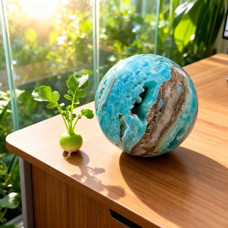 May include: A spherical blue mineral specimen with a rough, crystalline texture and brown veining, positioned next to a small, light green radish with vibrant green leaves. The mineral displays a deep turquoise hue with a central cavity.