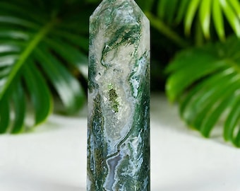 Natural Moss Agate Crystal Tower | Hexagonal Point, Druzy Cavities, Feng Shui Decor
