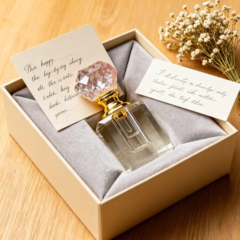 May include: A clear glass perfume bottle with a faceted pink crystal stopper and gold accents, presented in a beige box with a gray velvet lining. Two handwritten cards are included. A small bouquet of white flowers is in the background.