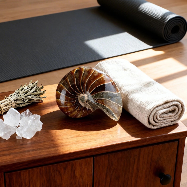 May include: A polished nautilus shell, sage bundle, and clear quartz crystals rest on a wooden surface. A rolled beige towel and a black yoga mat are also present. The shell has a spiral pattern with brown and tan hues.