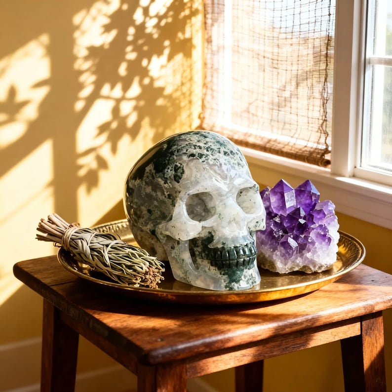 May include: A carved crystal skull with green and white patterns sits on a gold tray with a bundle of dried herbs and a cluster of purple amethyst crystals. The tray rests on a wooden table.