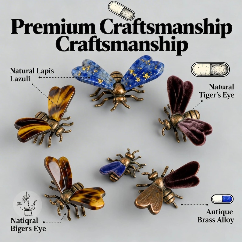 May include: A collection of six bee-shaped decorative objects with antique brass alloy bodies. The wings are crafted from natural lapis lazuli, tiger's eye, and velvet-textured materials. Text includes Premium Craftsmanship, Natural Lapis Lazuli, Natural Tiger's Eye, and Antique Brass Alloy.