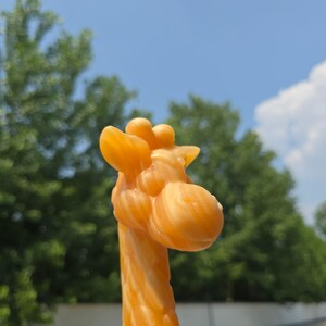 May include: A carved giraffe figurine made of translucent orange and white marbled stone. The sculpture features the head and neck of the animal with smooth, rounded contours, visible ossicones, and a distinct layered color pattern throughout.
