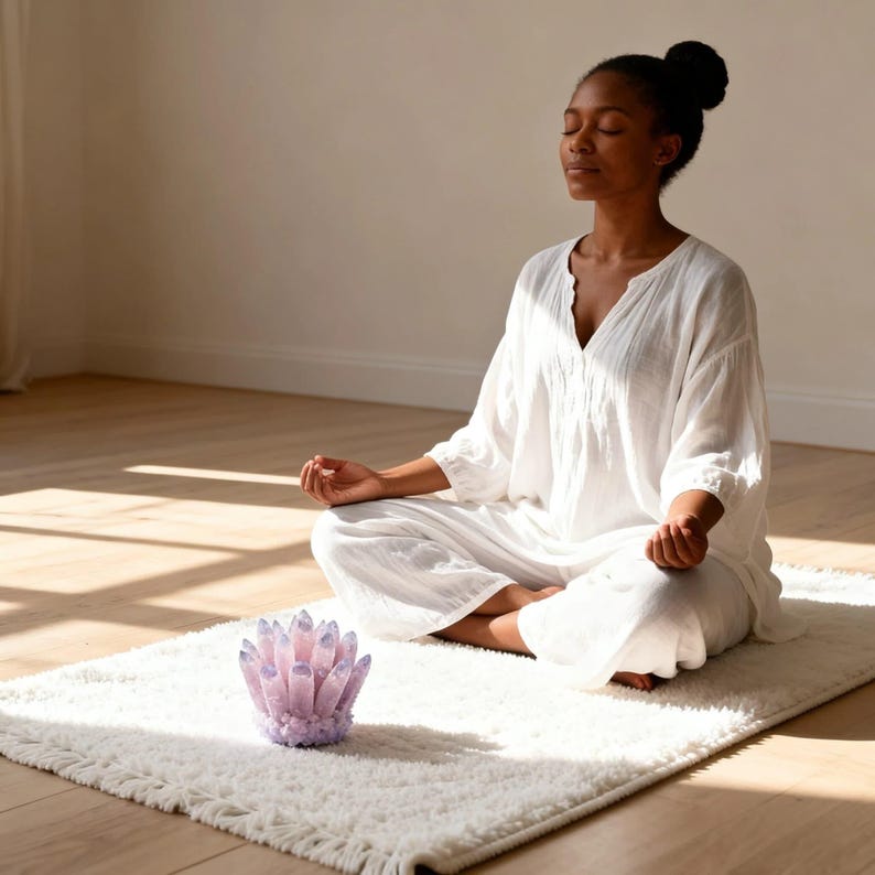 May include: A light purple crystal cluster sits on a white rug. A person wearing a white outfit is meditating with their eyes closed. The room has a neutral color palette with natural light.