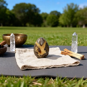 Puede incluir: Una gema marrón y beige en forma de huevo se encuentra sobre una tela beige. Se ven un cristal de cuarzo transparente y un cuenco tibetano. La escena está ambientada al aire libre sobre una esterilla de yoga, con hierba verde y árboles.