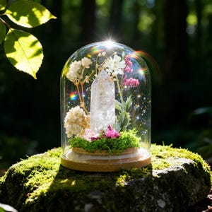 Crystal Terrarium Dome- Natural Crystal Tower with Preserved Flowers Product Description