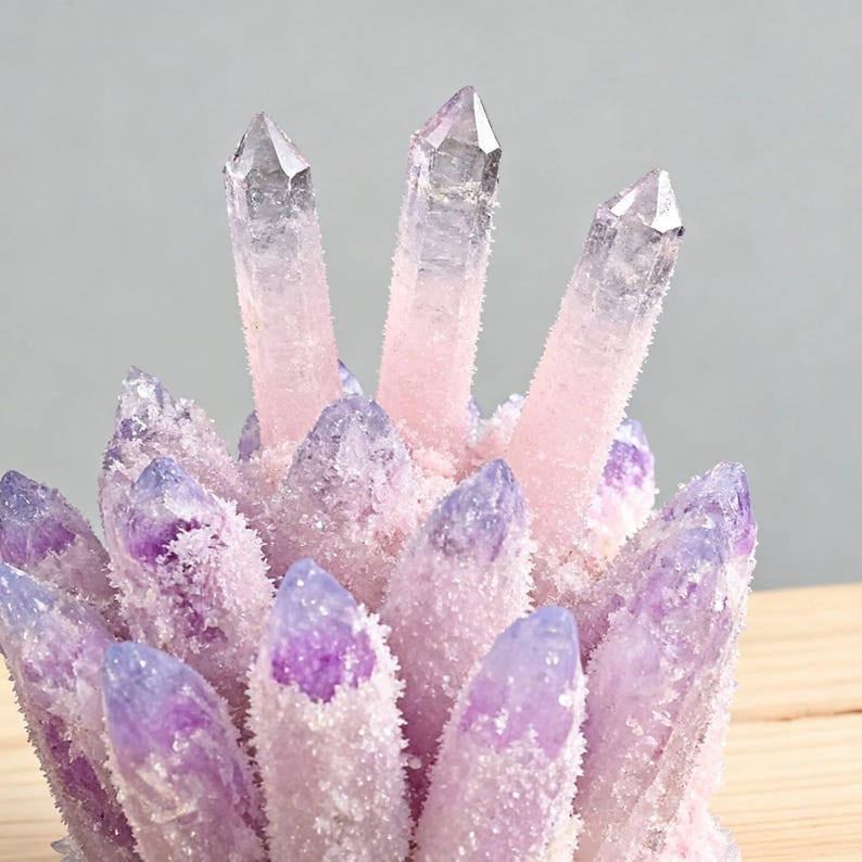 May include: A cluster of amethyst crystals with a gradient of colors. The crystals transition from a deep purple at the base to a soft pink and clear at the tips. The surface has a frosted appearance.