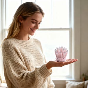 May include: A cluster of pink crystals with silver tips, held in a person's hand. The crystals are arranged in a radial pattern, with a textured base. The overall aesthetic is delicate and natural, suggesting a focus on gemstones or decorative objects.