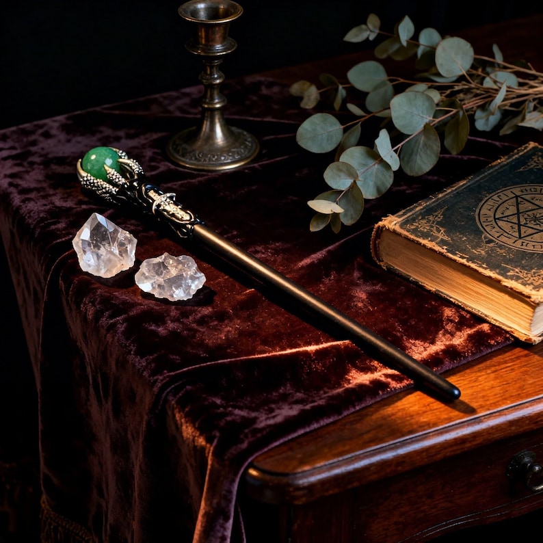 Peut inclure: Une baguette magique noire avec une pierre pr&eacute;cieuse verte au sommet, tenue par un motif de griffes de dragon argent&eacute;. Deux cristaux de quartz clair sont pos&eacute;s pr&egrave;s de la baguette sur une surface de velours rouge fonc&eacute;. Un livre ancien et un chandelier sont en arri&egrave;re-plan.