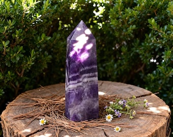 May include: A tall, polished amethyst crystal obelisk with a pointed top. The purple and white banded crystal sits on a rustic wooden stump, decorated with pine needles and small white and yellow flowers. Green foliage forms the background.