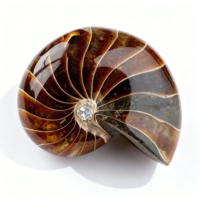 May include: A polished nautilus shell featuring a deep brown, glossy surface with distinct, curved, cream-colored septa lines radiating from the center. A single, clear, faceted gemstone is set at the spiral's core.