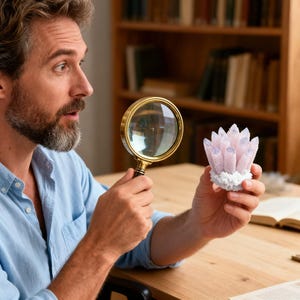 May include: A gold-framed magnifying glass is held up to a cluster of light pink crystals with a white base. The crystals are held in a person's hand. The background includes a wooden desk and a bookshelf.