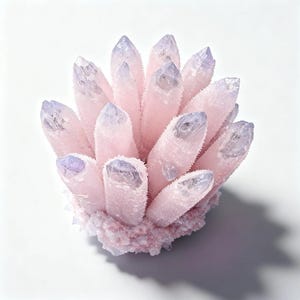 May include: A cluster of pink amethyst crystals with lavender tips. The crystals are clustered together, forming a rounded shape. The base of the cluster is a lighter pink color, and the crystals have a frosted appearance.
