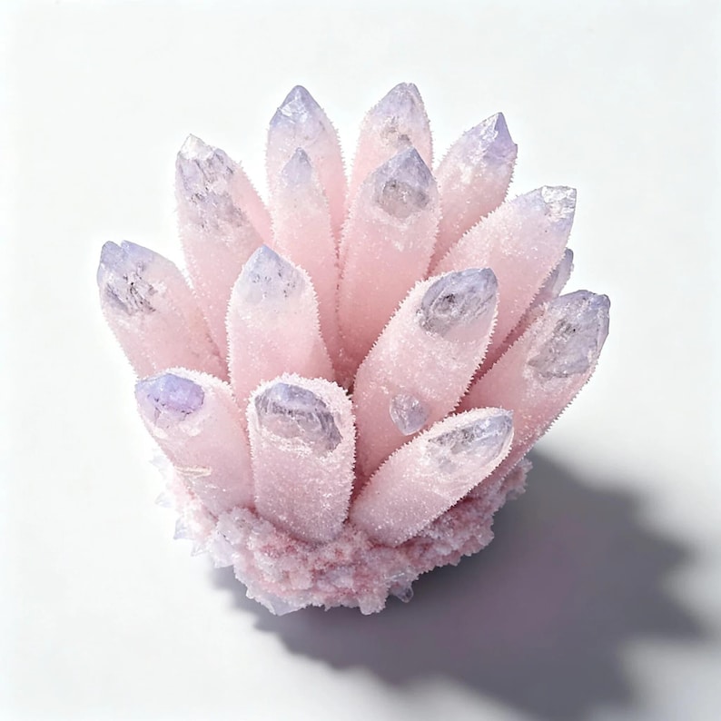 May include: A cluster of pink amethyst crystals with lavender tips. The crystals are clustered together, forming a rounded shape. The base of the cluster is a lighter pink color, and the crystals have a frosted appearance.